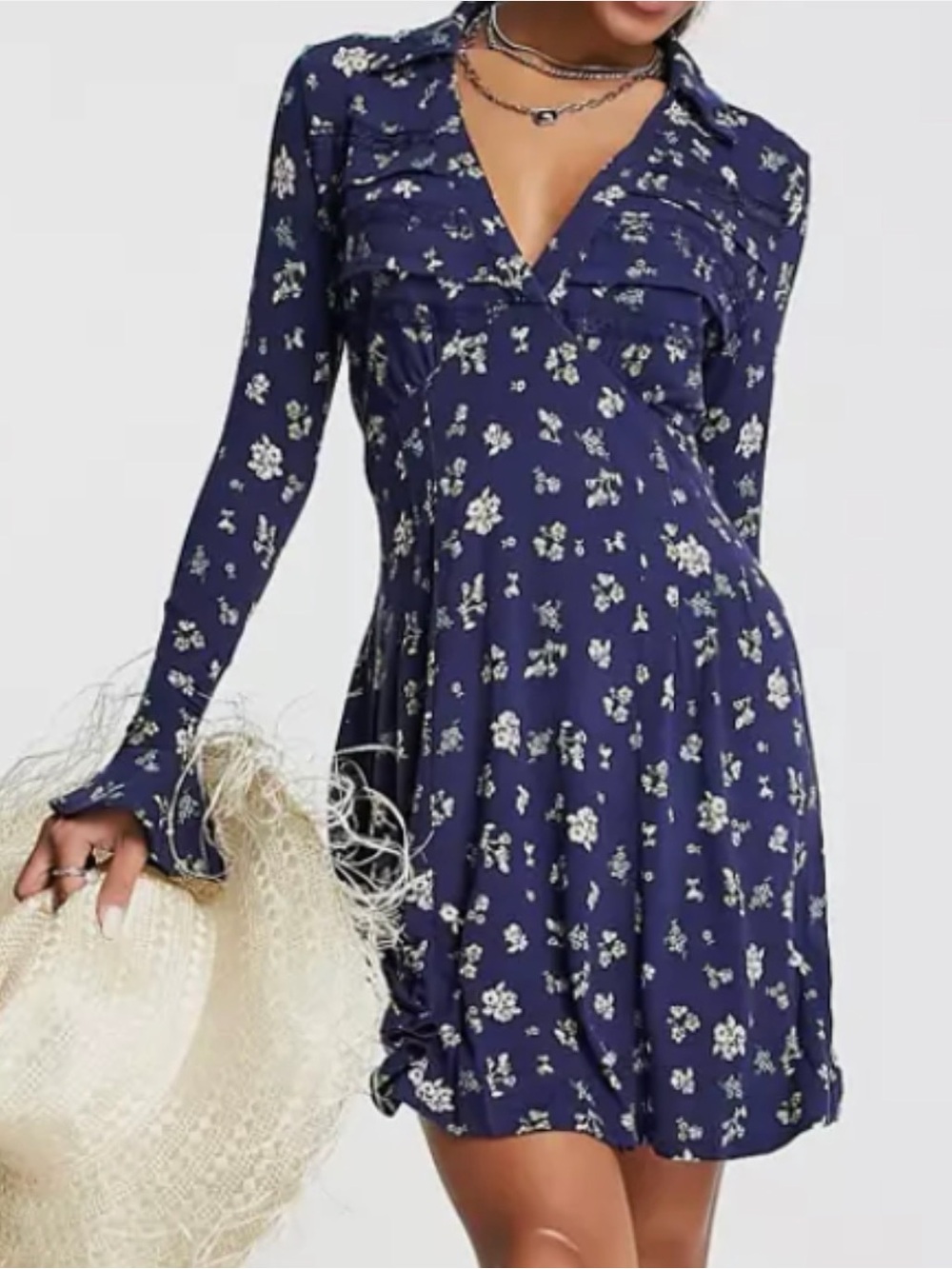 Free People Navy Floral Long Sleeve V-Neck Mini Dress
